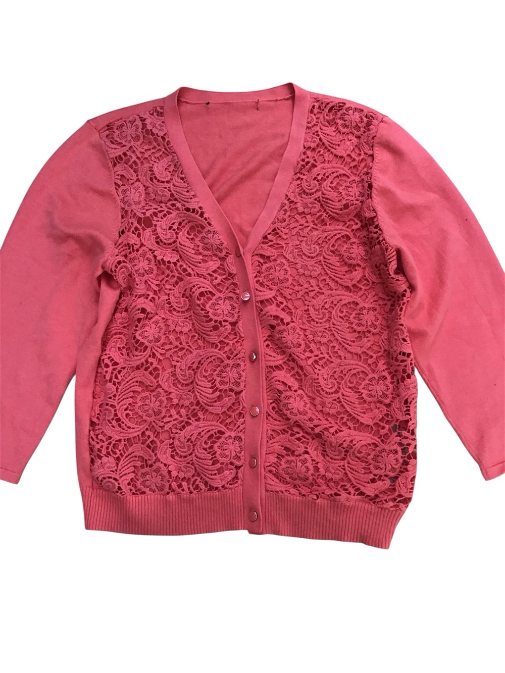 Women’s Coral Lace Front Button Cardigan Sweater Large Feminine Romantic Large